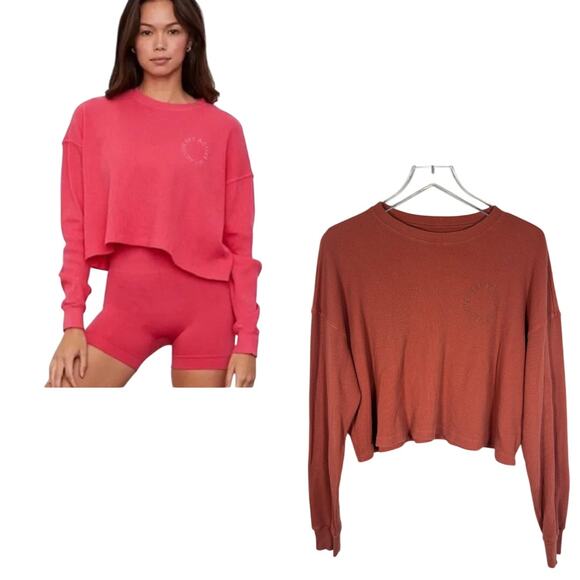 SET ACTIVE Easy Crop Waffle Knit Sweatshirt S Orange Long Sleeve Oversized - Picture 1 of 6